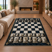 marble chessboard rug in a living room with a fireplace