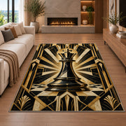 art deco chess king rug in a living room with a fireplace