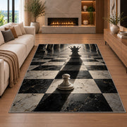 pawn with queen shadow chess rug in a living room with a fireplace