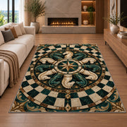 knight chess pieces mandala pattern rug in a living room with a fireplace