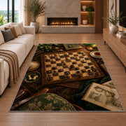 chessboard on a study desk rug in a living room with a fireplace