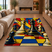 pop art chess king and queen rug in a living room with a fireplace