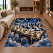 chessboard in the starry sky rug in a living room with a fireplace