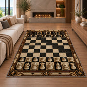 full chess set rug in a living room with a fireplace