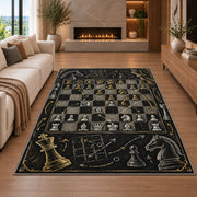 chalkboard chess strategy rug in a living room with a fireplace