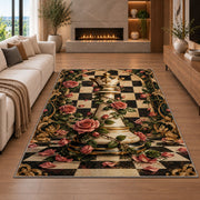chess queen wrapped in roses rug in a living room with a fireplace