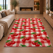 Gingham Cherry Rug in a living room with a fireplace