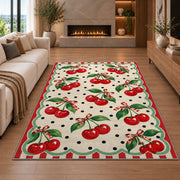 Retro Cherry Polka Dot Rug in a living room with a fireplace