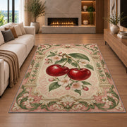 Cherry Arch Rug in a living room with a fireplace