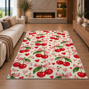 Cherry Heart Rug in a living room with a fireplace