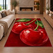 Giant Cherry Rug in a living room with a fireplace
