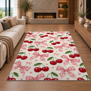 Cherry and Bow Pattern Rug in a living room with a fireplace