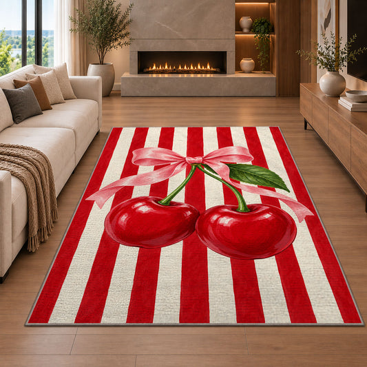 Candy Stripe Cherry Rug in a living room with a fireplace