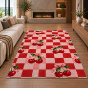 Checkered Cherry Rug in a living room with a fireplace