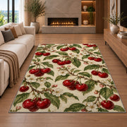 Vintage Botanical Cherry Rug in a living room with a fireplace