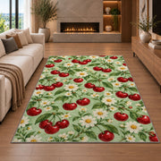 Cherry and Daisy Rug in a living room with a fireplace