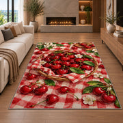 Cherry Picnic Rug in a living room with a fireplace