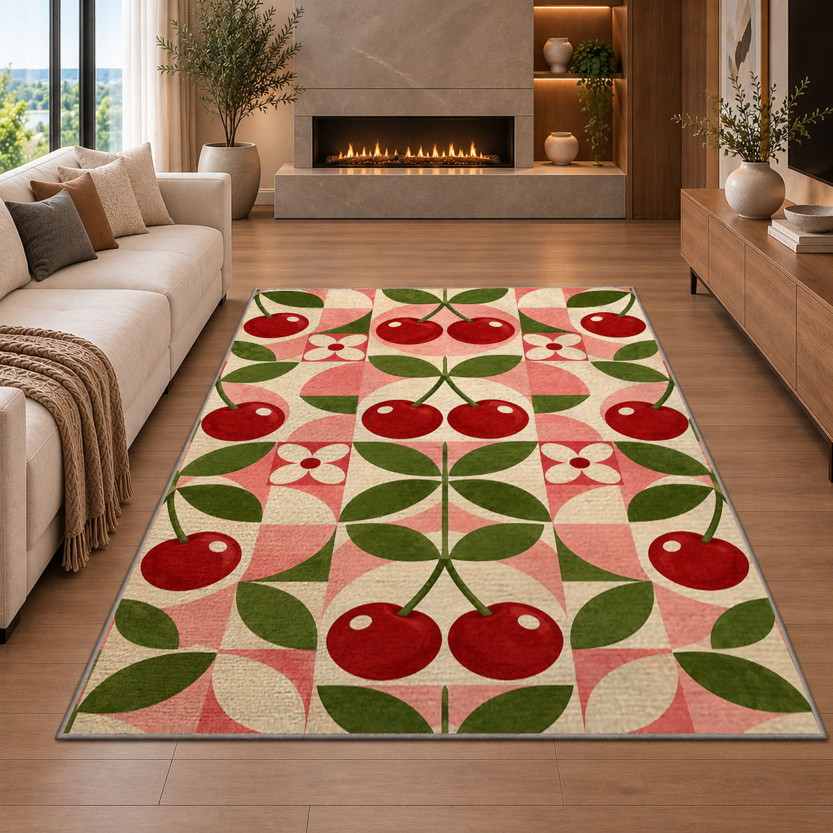 Geometric Cherry Rug in a living room with a fireplace