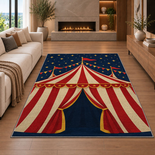 Vintage Circus Tent Rug in a living room with a fireplace