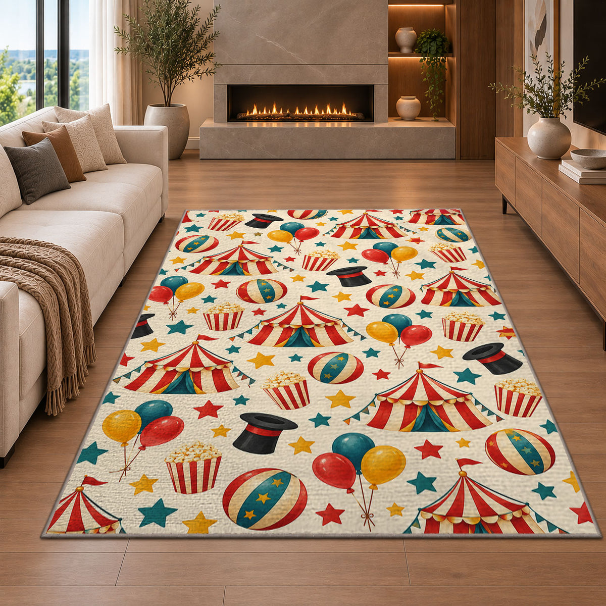 Circus Pattern Rug in a living room with a fireplace