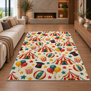 Circus Pattern Rug in a living room with a fireplace