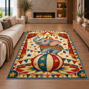 Circus Elephant Rug in a living room with a fireplace
