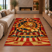 Circus Lion Rug in a living room with a fireplace