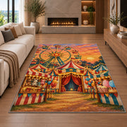 Carnival Ferris Wheel Rug in a living room with a fireplace