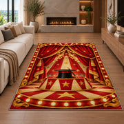 Circus Stage Rug in a living room with a fireplace