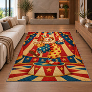 Vintage Clown Rug in a living room with a fireplace