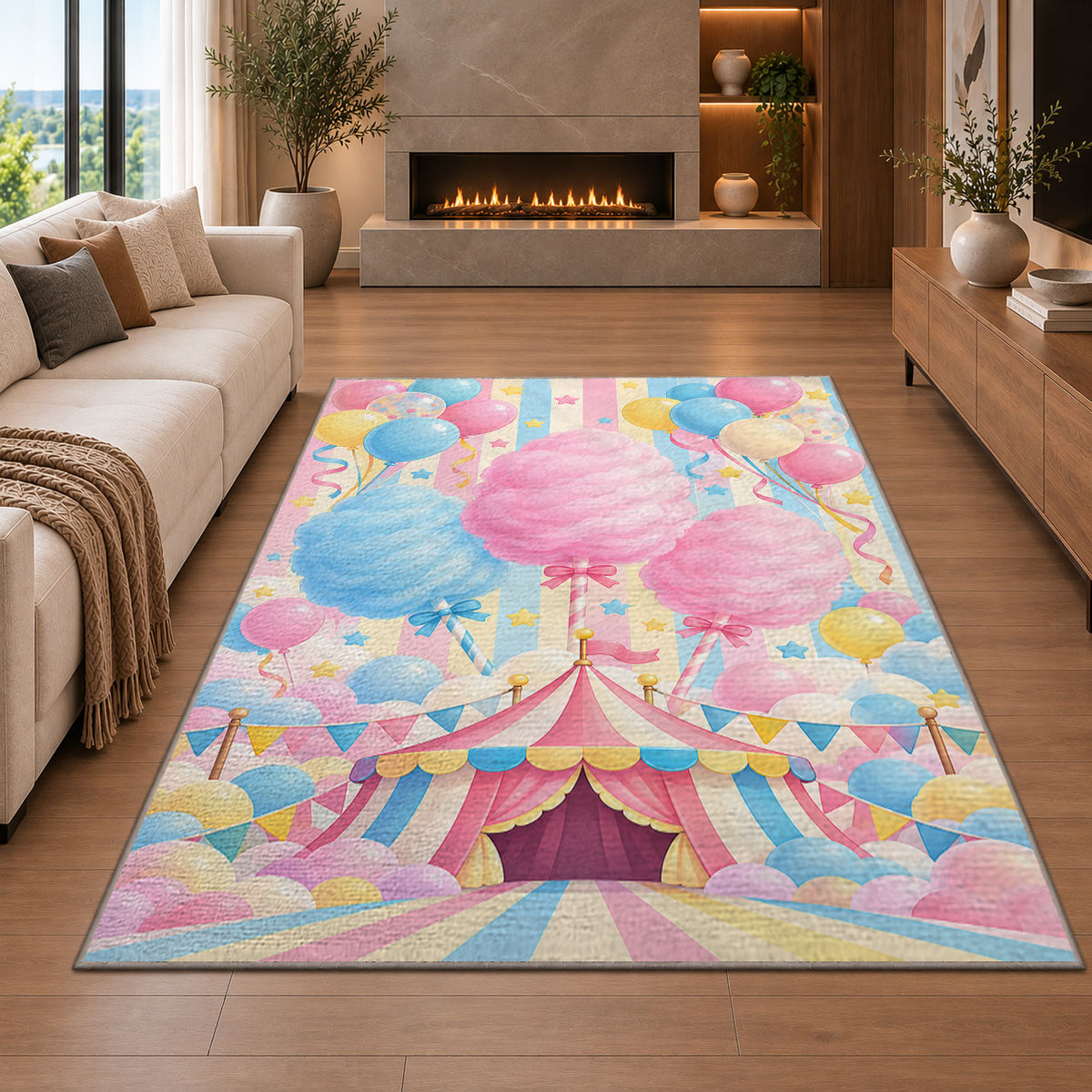 Cotton Candy Rug in a living room with a fireplace