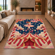 Circus Tightrope Rug in a living room with a fireplace