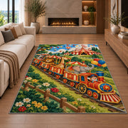 Circus Train Rug in a living room with a fireplace
