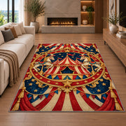 Vintage Circus Emblem Rug in a living room with a fireplace