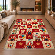 Checkered Circus Rug in a living room with a fireplace