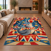 Circus Seal Rug in a living room with a fireplace