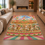 Carousel Rug in a living room with a fireplace