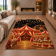 Carnival Night Rug in a living room with a fireplace
