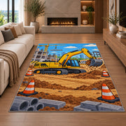 Yellow Excavator Rug in a living room with a fireplace