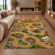 Construction Site Play Mat Rug in a living room with a fireplace