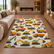 Construction Vehicles Pattern Rug in a living room with a fireplace
