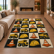 Retro Checkered Construction Rug in a living room with a fireplace