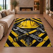 Hard Hat and Tools Rug in a living room with a fireplace