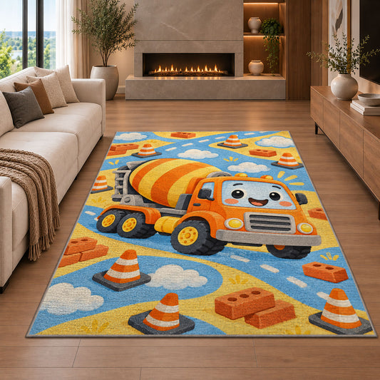 Cute Cement Mixer Rug in a living room with a fireplace