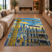 Tower Crane City Rug in a living room with a fireplace
