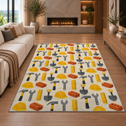 Construction Tools Pattern Rug in a living room with a fireplace