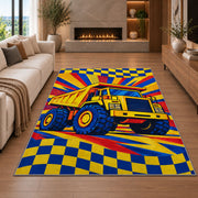 Pop Art Dump Truck Rug in a living room with a fireplace