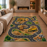 Construction Race Track Rug in a living room with a fireplace