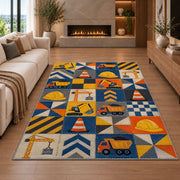 Construction Patchwork Rug in a living room with a fireplace