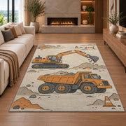 Minimalist Excavator Line Art Rug in a living room with a fireplace